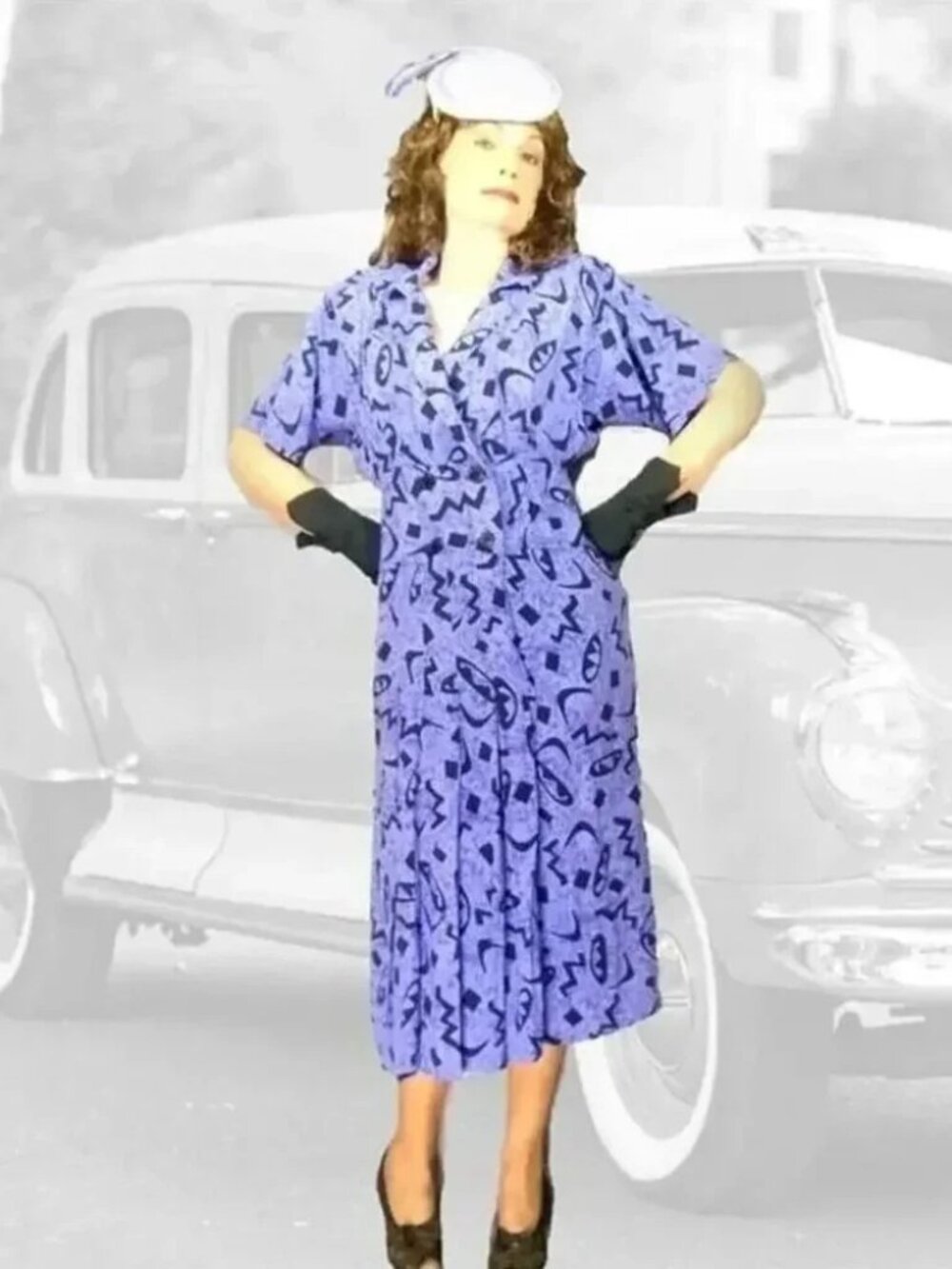 Plus Size 40s STYLE Rayon Dress with Dolman Sleeves - 80s Vintage - Picture 3 of 10